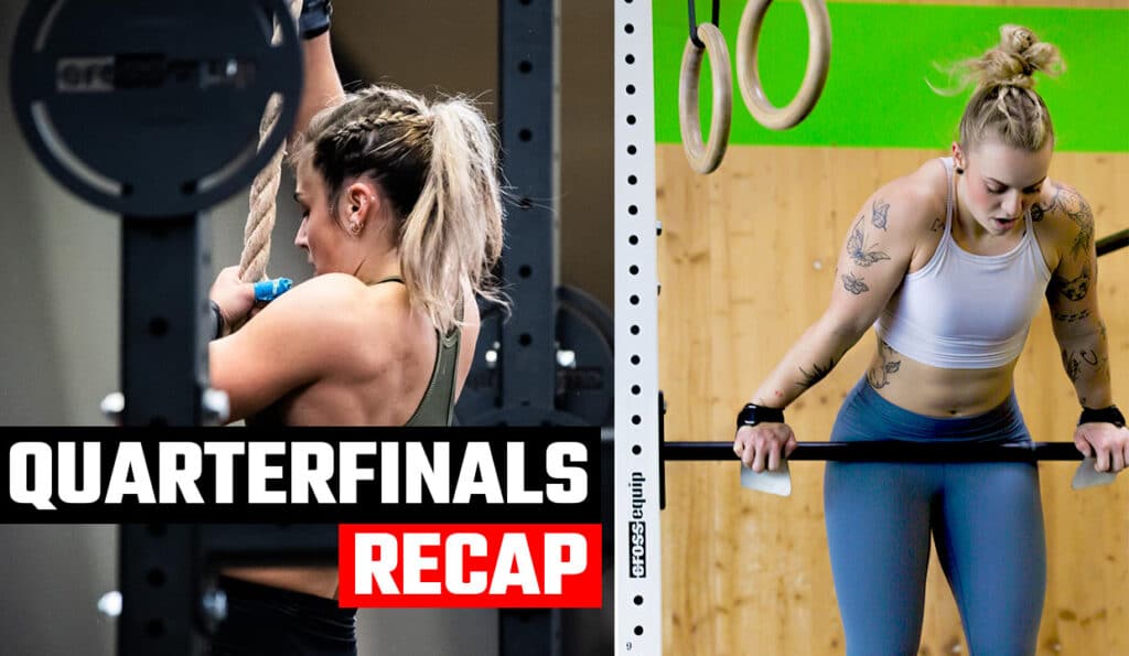 Recap CrossFit Quarterfinals 2023, Aline on the left side does rope climbs and sina on the right side does a bar muscle up